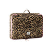 A leopard print large toiletry bag with a pink trim and carrying handle.