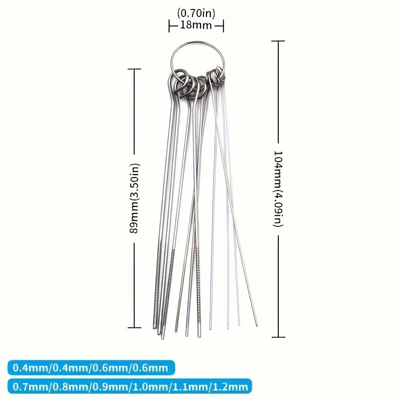 A set of ten stainless steel shower head cleaning brushes with varying lengths and thicknesses.