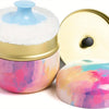A refillable loose powder container with a light blue lid and a pink watercolor-style base.