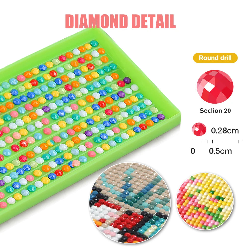 A green tray filled with colorful seed beads for a diamond painting kit showing various bead colors and a magnified view of t