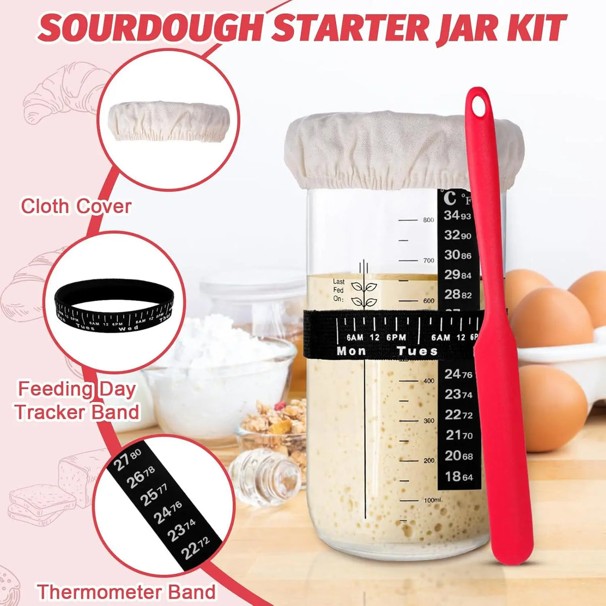 A sourdough starter jar kit showing a cloth cover, feeding day tracker band, and a thermometer band for monitoring.
