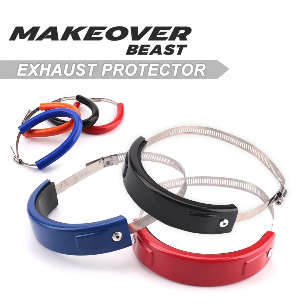 Set of three exhaust protectors for dirt bikes in blue, red, and black colors