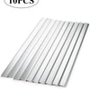 Ten pieces of silver metal L-shaped corner protector strips arranged in a row.