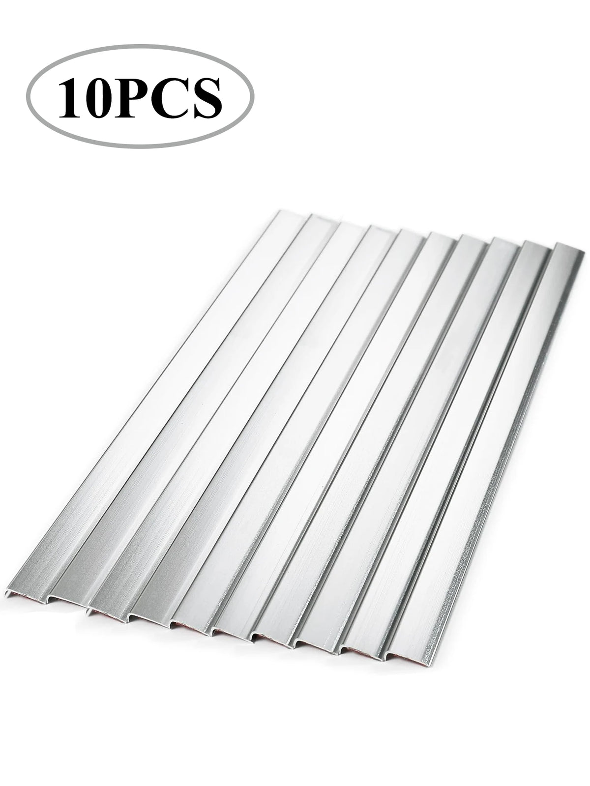 Ten pieces of silver metal L-shaped corner protector strips arranged in a row.