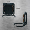 A black durable hammer holder for tool belts shown with dimensions and mounting hardware.