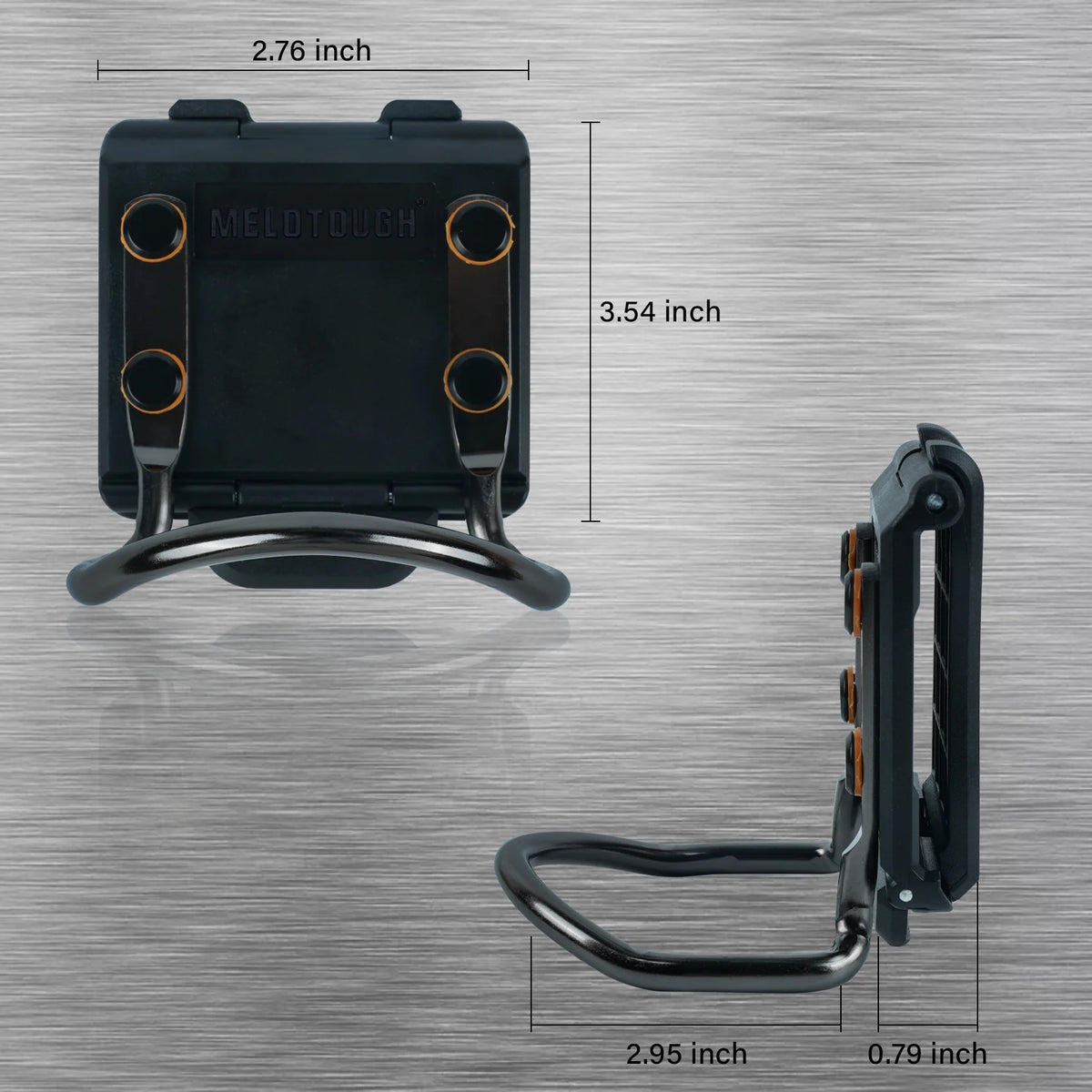 A black durable hammer holder for tool belts shown with dimensions and mounting hardware.