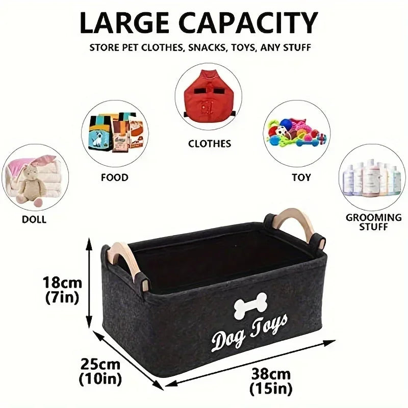 A large black felt storage basket designed to organize pet clothes, snacks, toys, and grooming stuff.