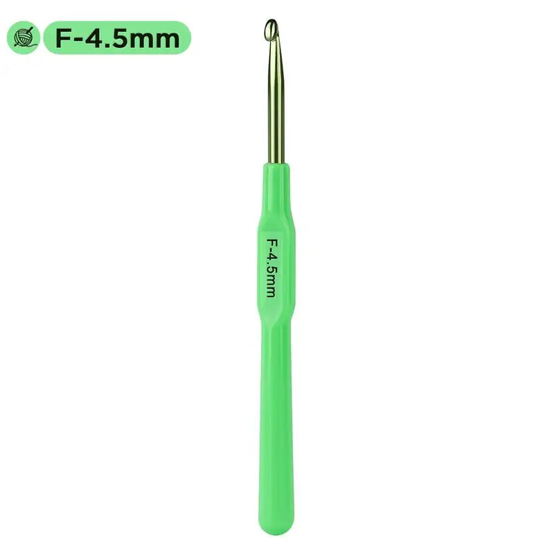 A single green crochet hook with an ergonomic handle is shown against a white background.