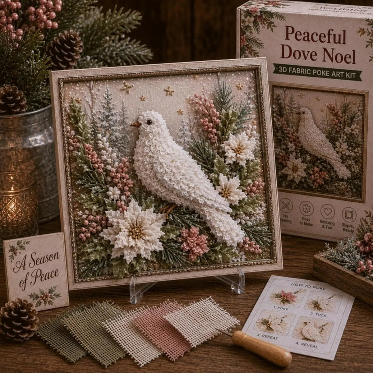 A framed piece of fabric poke art featuring white and pink floral and evergreen elements with various fabric pieces nearby.