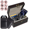 A black carbon fiber Faraday box containing key fobs and a smartphone, with various protection icons shown.