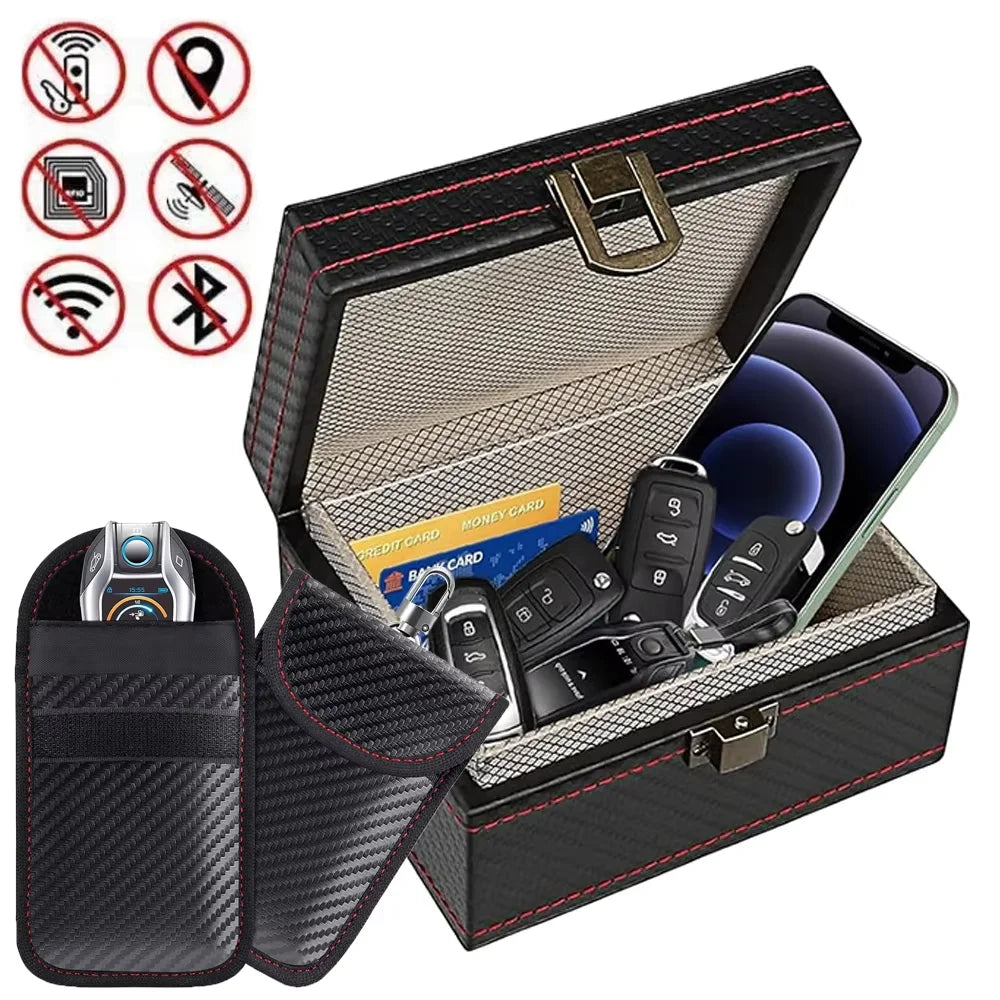 A black carbon fiber Faraday box containing key fobs and a smartphone, with various protection icons shown.