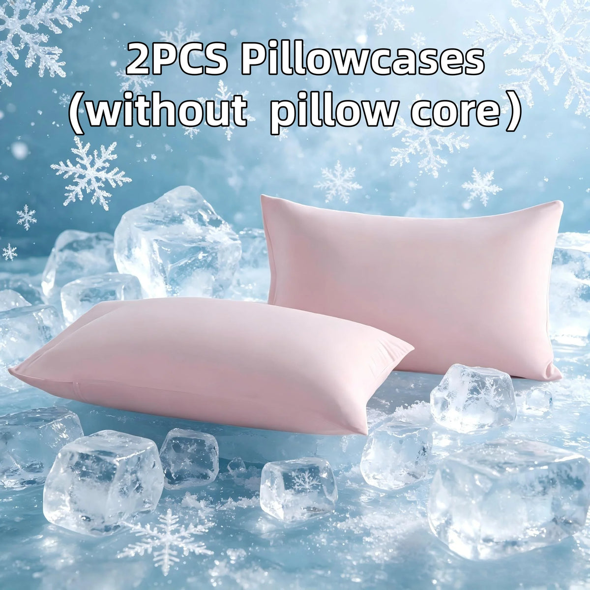 Two pink ice silk pillowcases without a pillow core resting on a surface with ice cubes and snowflakes.