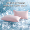 Two pink ice silk pillowcases without a pillow core resting on a surface with ice cubes and snowflakes.