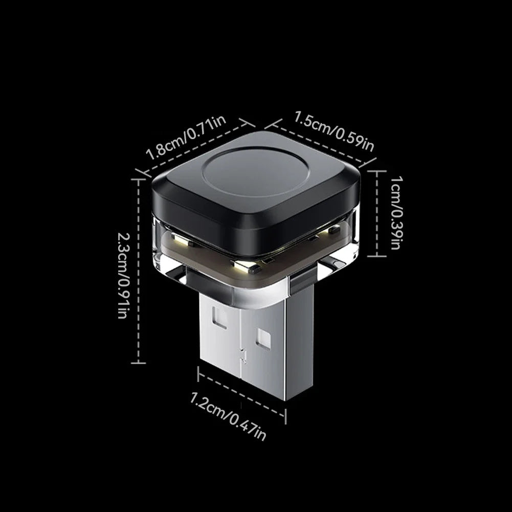 A compact, silver-colored USB powered LED car ambient light with dimensions shown.