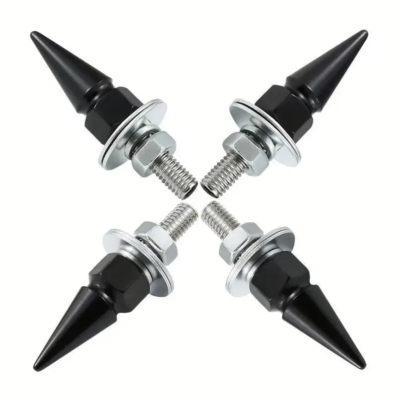 A pair of black rust-resistant license plate screws with silver threaded tips.