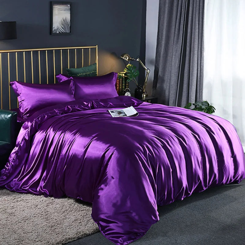 A vibrant purple silky duvet cover set displayed on a bed with dark gray curtains and modern decor.