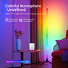 A colorful LED RGB corner floor lamp illuminates a room with ambient light and sound reactive effects.