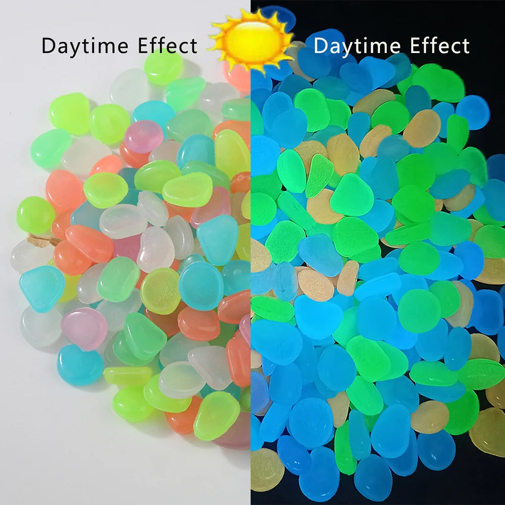 A collection of glow-in-the-dark resin pebbles showing various colors under daylight.
