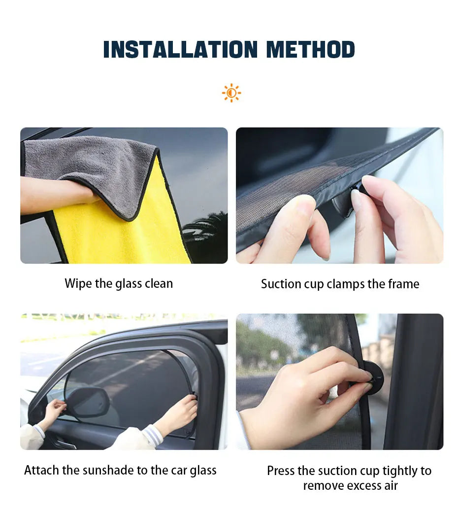 Installation method showing how to attach a car side window sun shade using suction cup clamps.