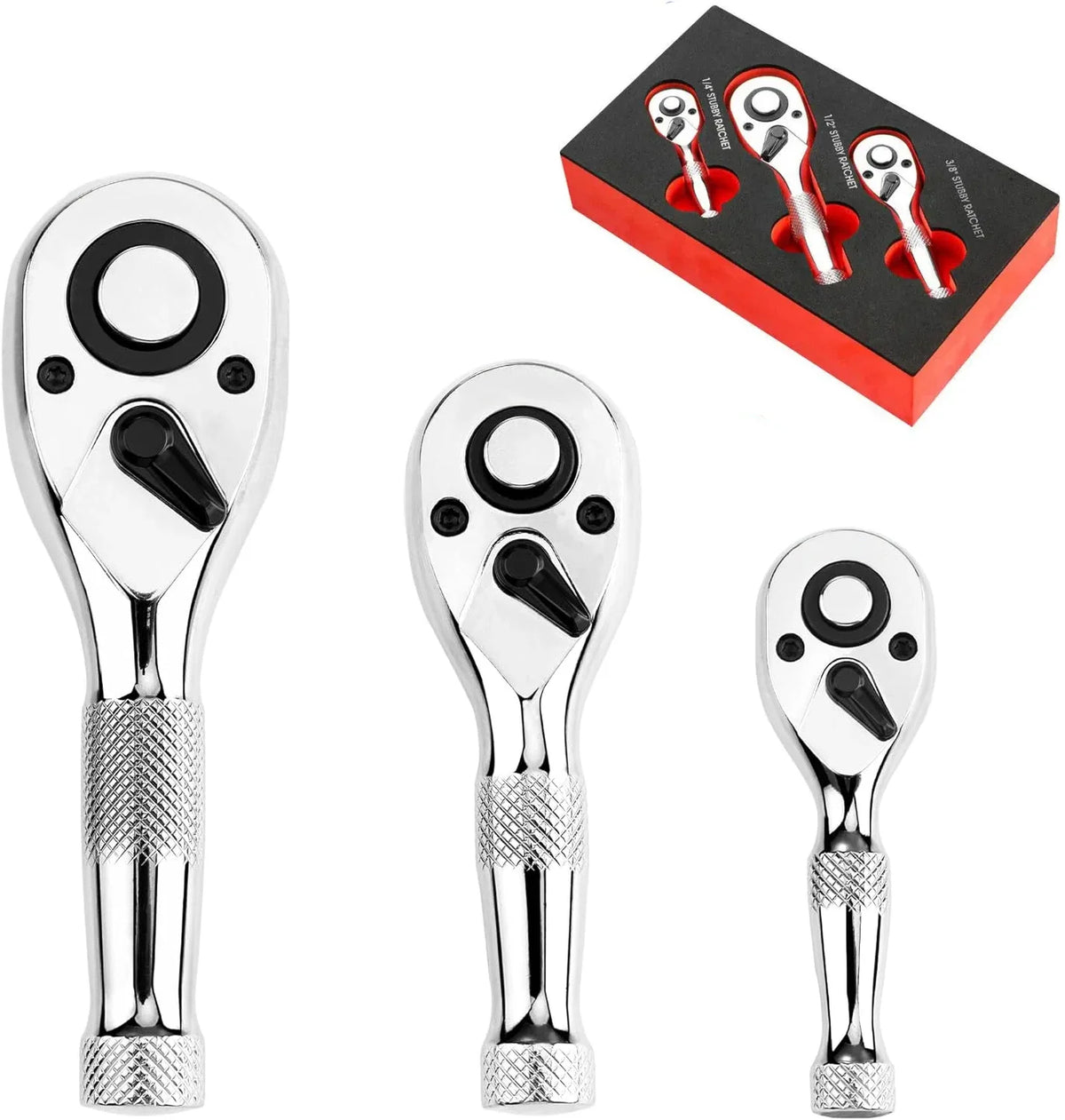 Compact 3-Piece Stubby Ratchet Wrench Set