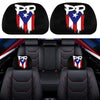 A set of two black car headrest covers featuring a patriotic design with the letters PR and stars on a red, white, and blue b