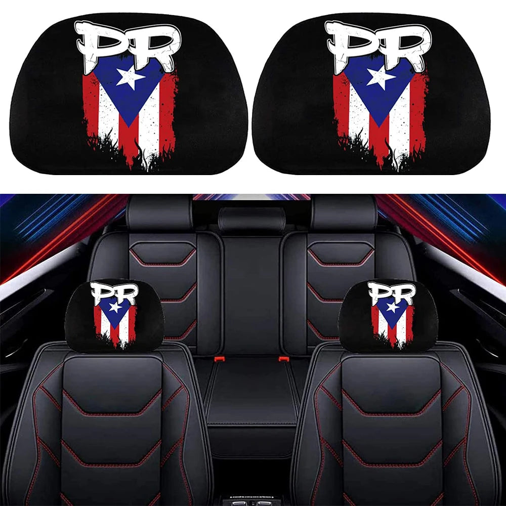 A set of two black car headrest covers featuring a patriotic design with the letters PR and stars on a red, white, and blue b