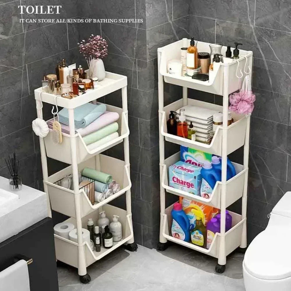 A white mobile multi-tier storage cart with wheels is displayed against a gray tiled wall, holding various bathing supplies.