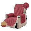 A maroon waterproof non-slip recliner sofa cover with side pockets shown on a chair.