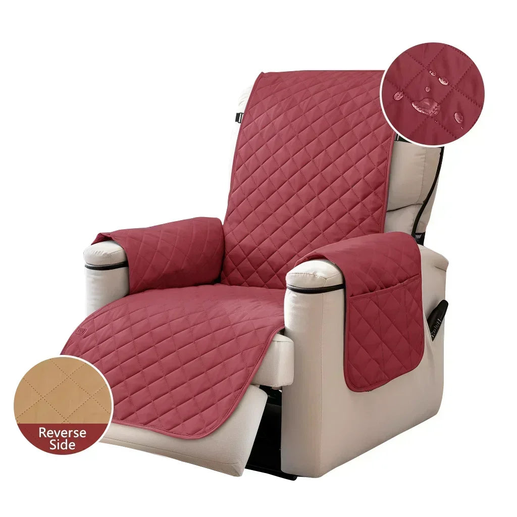 A maroon waterproof non-slip recliner sofa cover with side pockets shown on a chair.