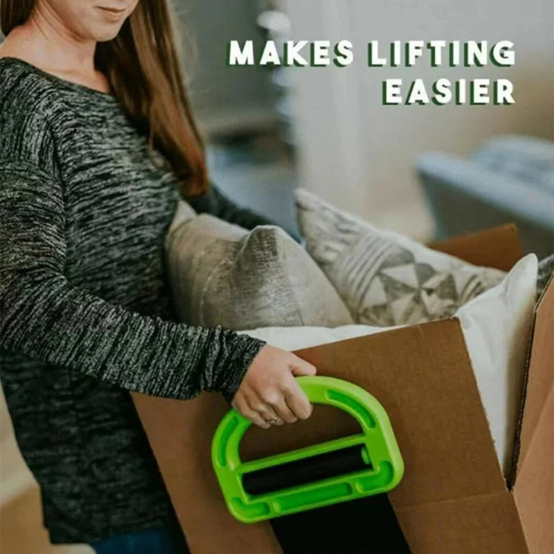 A woman is using heavy-duty furniture moving straps with comfort grip handles to move a cardboard box.