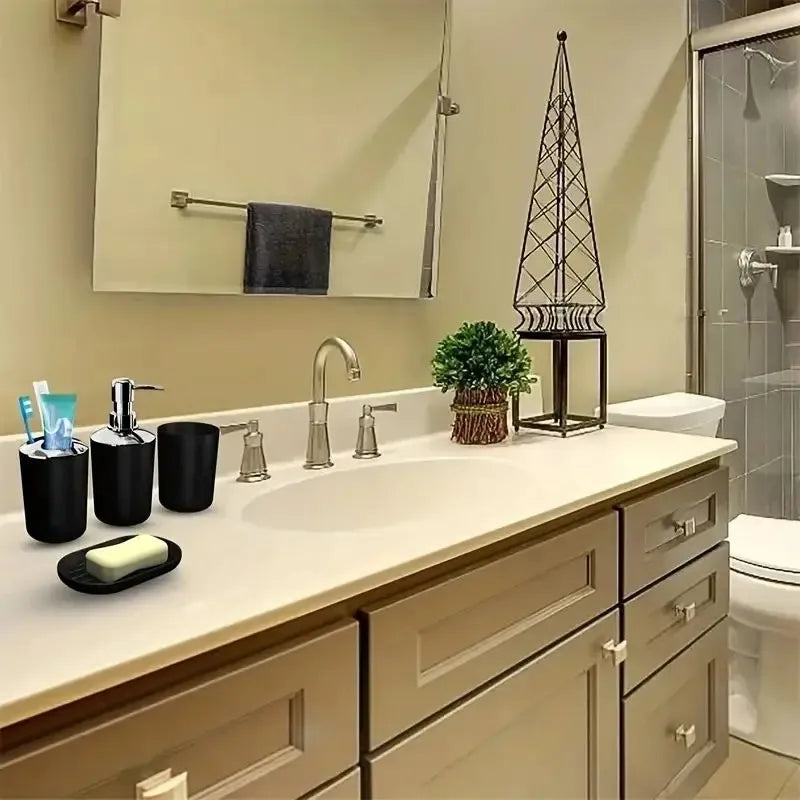 A bathroom vanity featuring a white countertop, sink, and storage cabinets with a soap dispenser and towel rack.