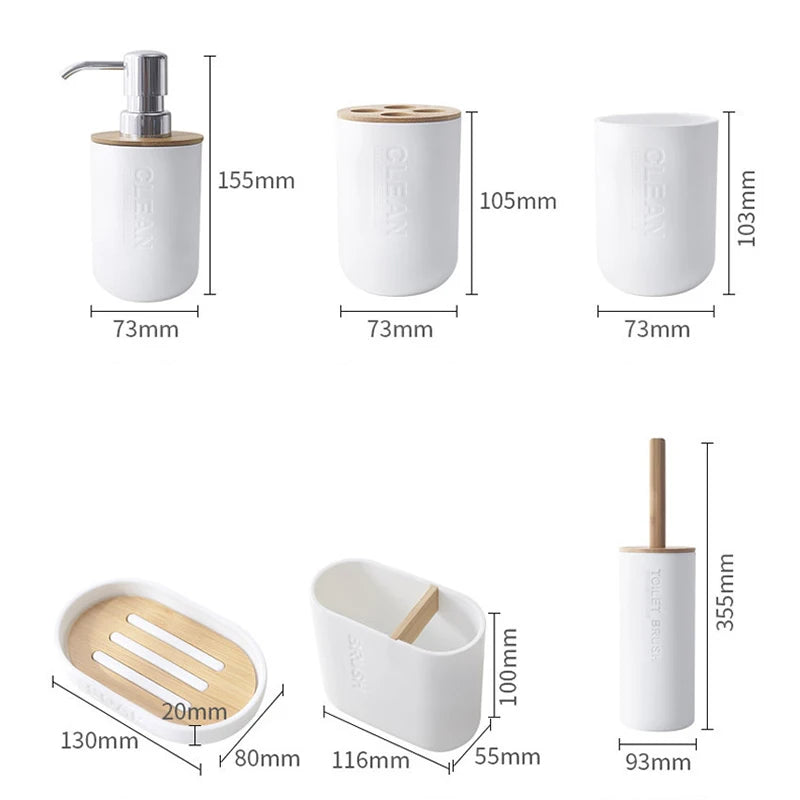 A set of bamboo bathroom organizers including a soap dispenser, toothbrush holder, and storage cup.