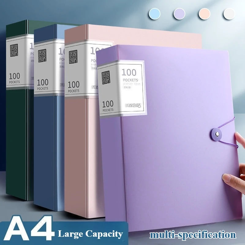 A4 expanding file organizer in purple with clear pocket dividers shown next to a green and blue file box.