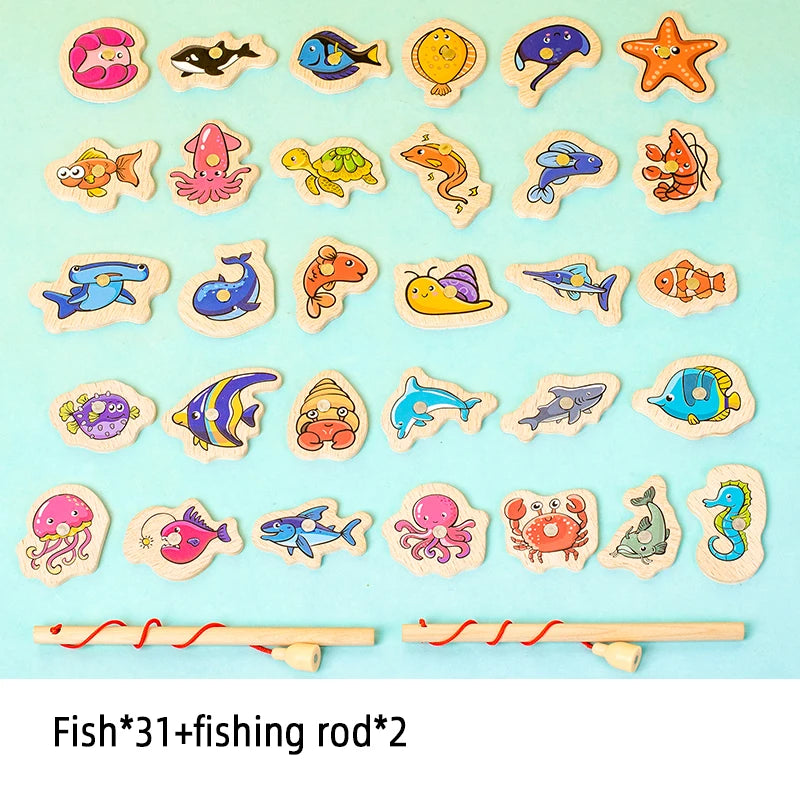 A collection of wooden magnetic fish and marine life toys arranged in a grid.