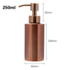 Rose gold stainless steel liquid soap dispenser bottle with a pump top and various dimension markings.