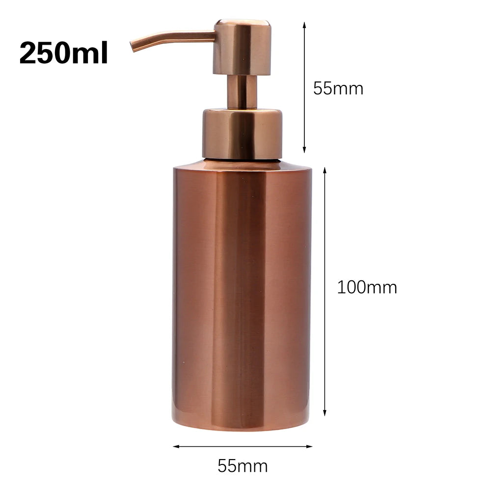 Rose gold stainless steel liquid soap dispenser bottle with a pump top and various dimension markings.