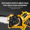 Close-up of a yellow cordless brushless chainsaw chain adjustment mechanism with a single button knob.
