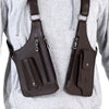 A dark brown anti-theft underarm wallet bag with an adjustable strap is shown hanging from a gray hoodie.