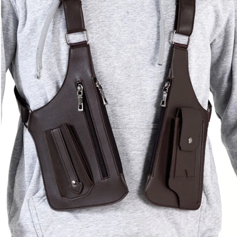 A dark brown anti-theft underarm wallet bag with an adjustable strap is shown hanging from a gray hoodie.