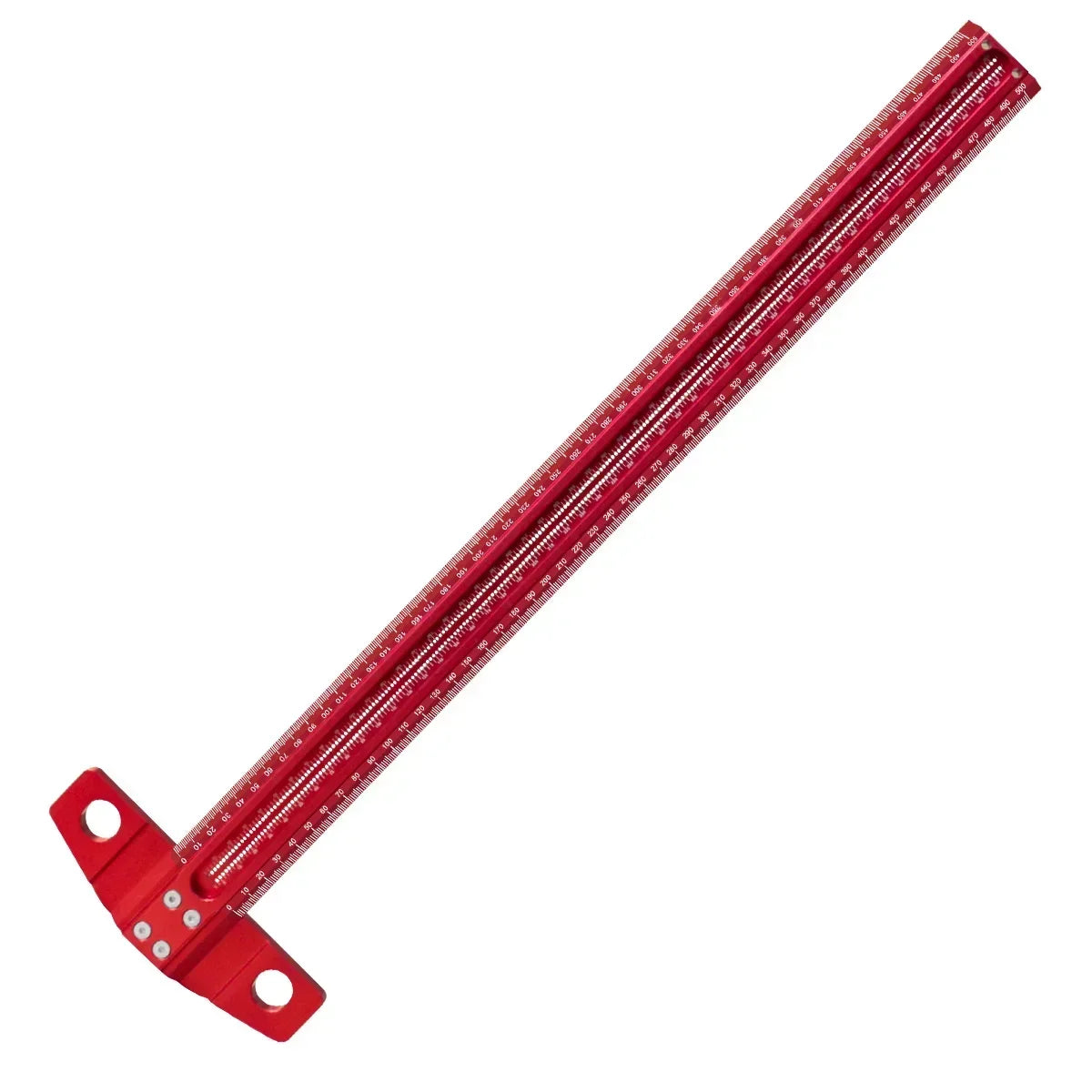 A red precision aluminum alloy T-ruler used for woodworking marking.
