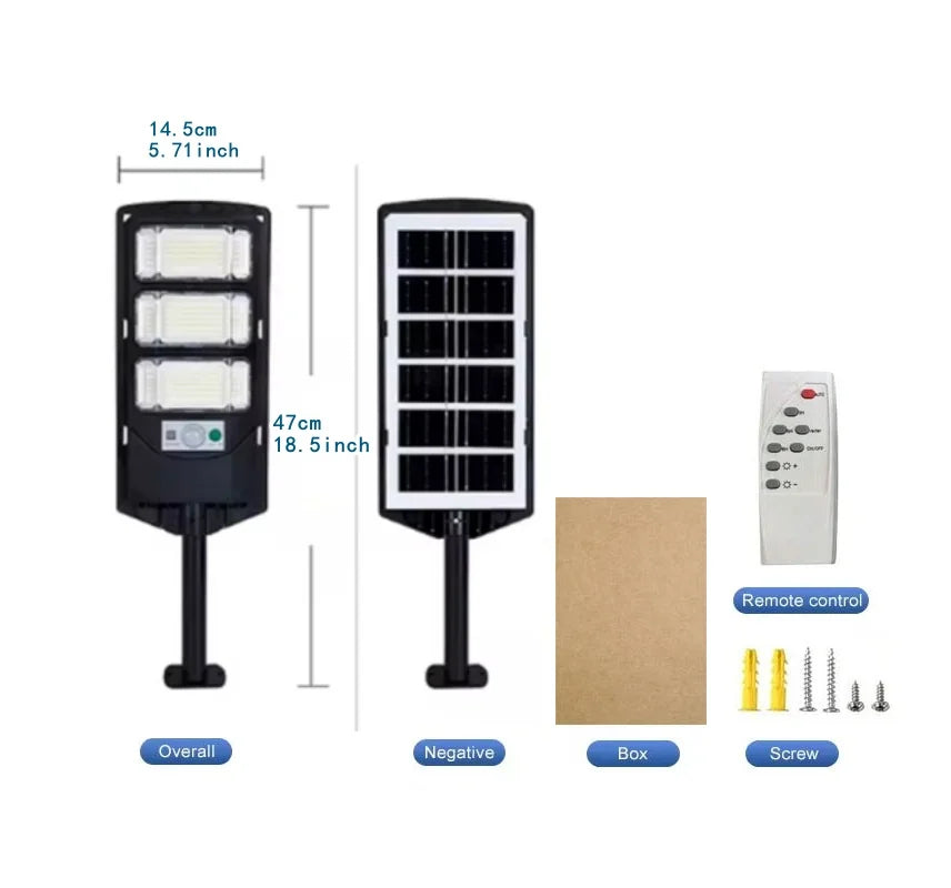 A black solar wall light with a motion sensor and remote control, shown alongside its components.