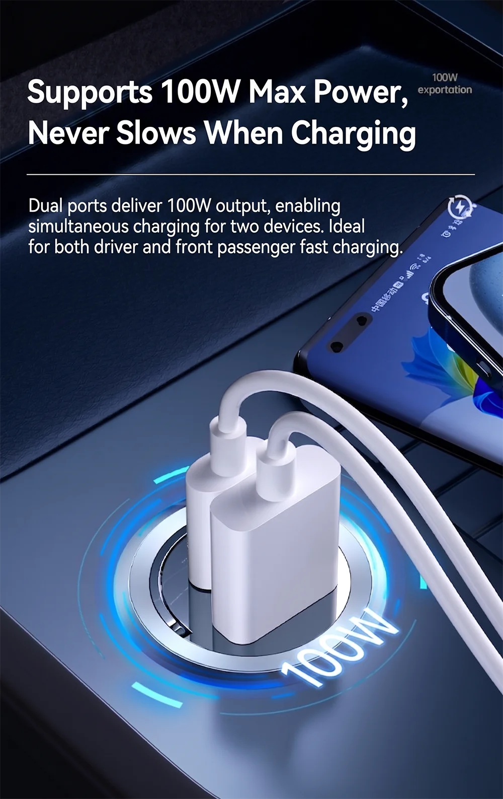 100W Dual Port Car Charger with USB-C & USB-A Fast Charging