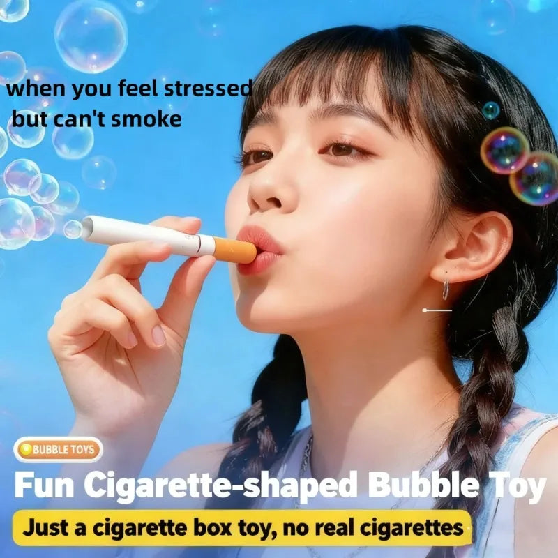 A young woman holds a cigarette-shaped bubble toy against her lips, set against a blue sky background.