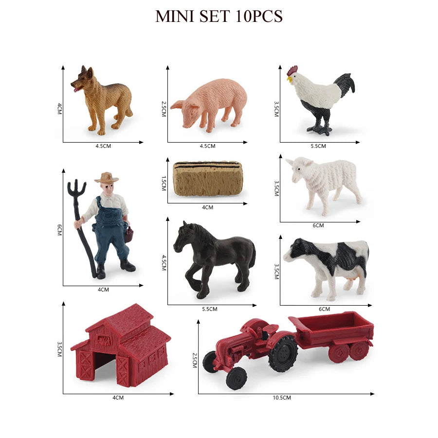 Mini set of 10 animal figurines including a horse, sheep, and a red farm building.