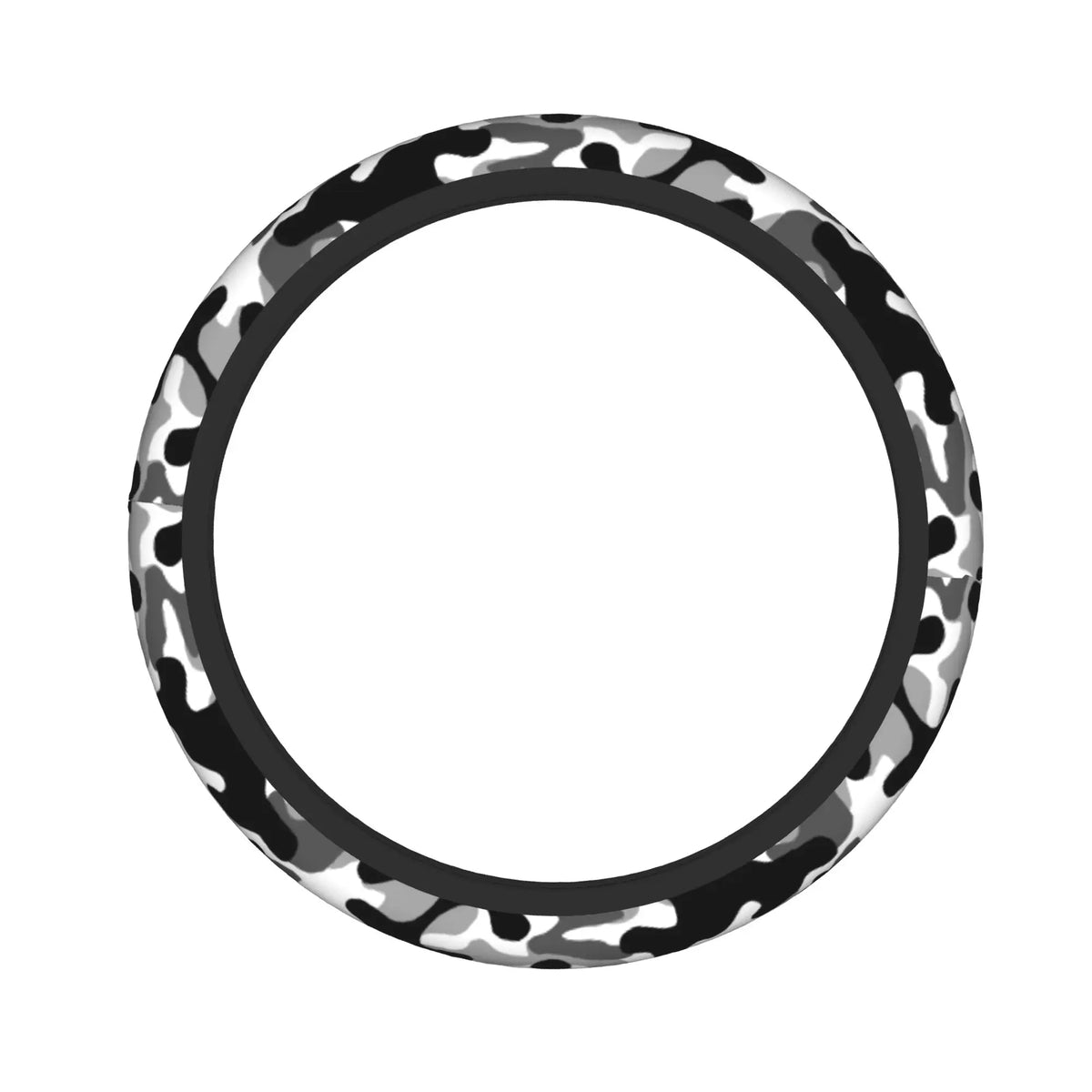 A black and gray camouflage steering wheel cover.