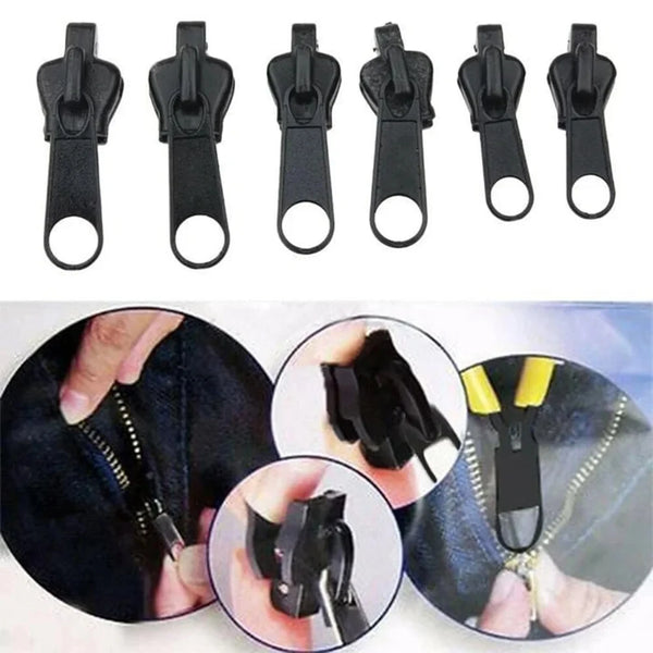 A set of black universal zipper repair kits with three different slider sizes shown in various angles.