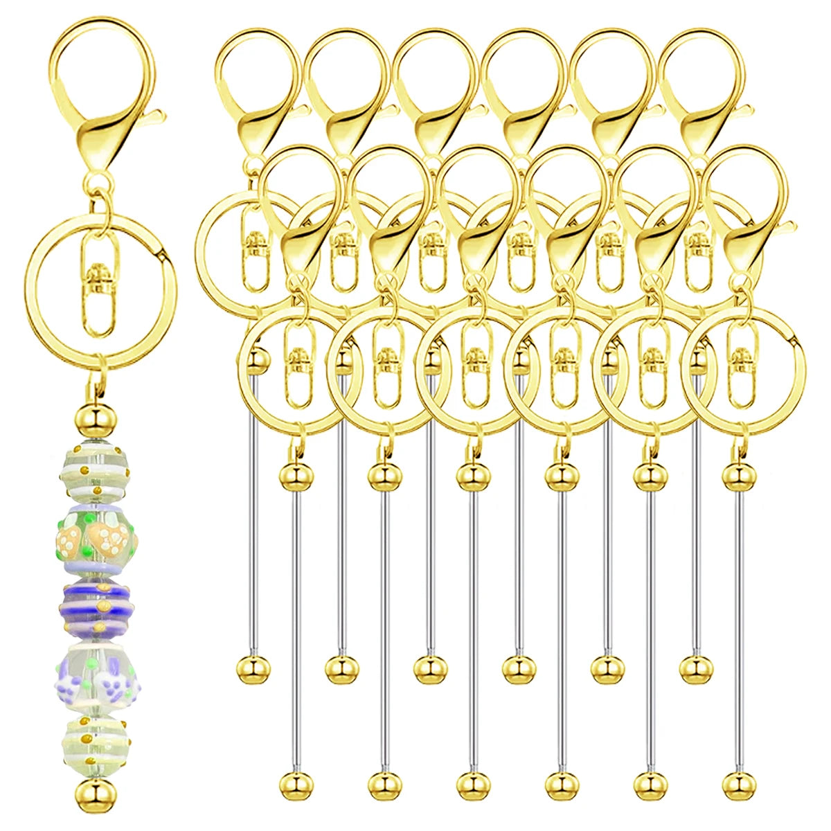 A set of gold-colored metal beadable keychain bars for DIY jewelry making, featuring various sizes and styles.