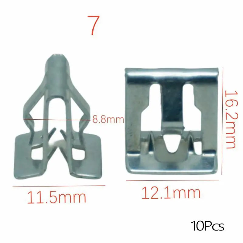 A set of seven universal metal trim panel fastener clips, measuring 11.5mm wide and 16.2mm long.