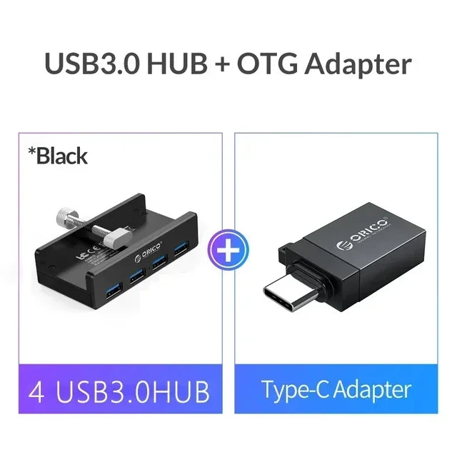 Aluminum USB 3.0 Hub with Clamp Mount for Desktops and Laptops