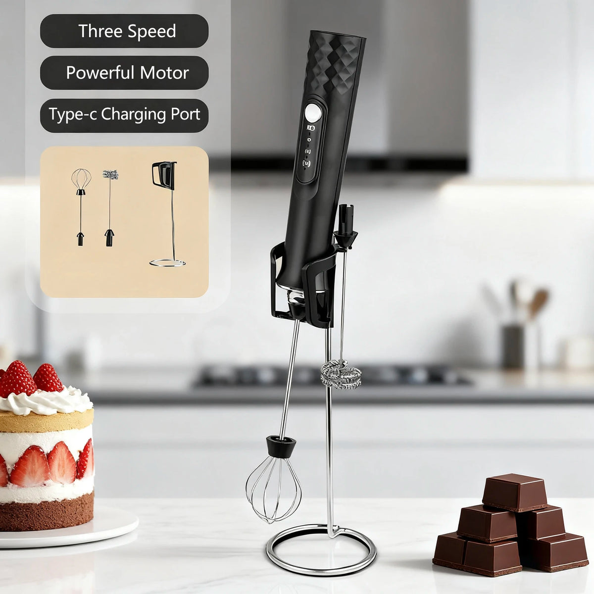 A black rechargeable handheld milk frother with a wire whisk attachment is shown next to a strawberry cake and chocolate squa